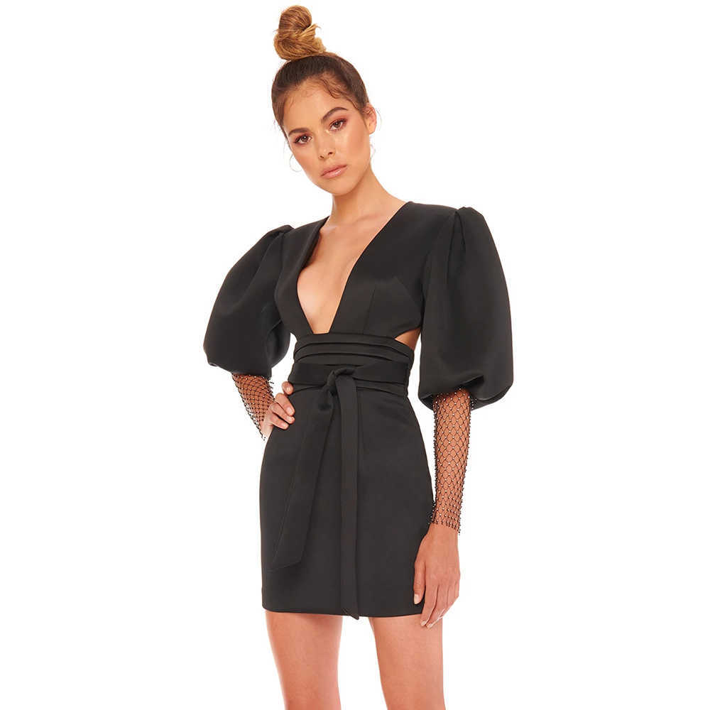 White Backless Summer Dress High-Quality Women'S Black Long-Sleeved V-Neck Bodycon Club Party Vestidos 210527