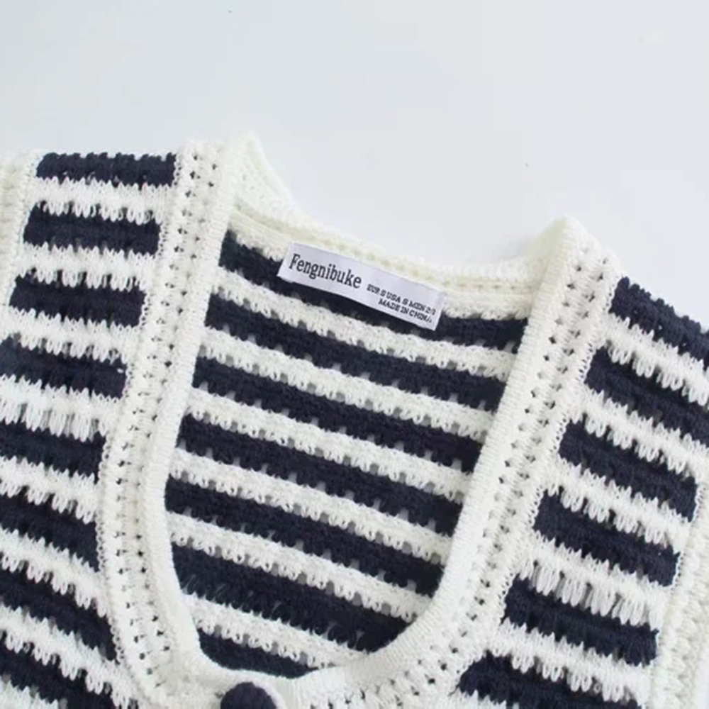 BBWM Women Sweater Vest White Navy Striped Knitted Vest Female Summer Cropped V-Neck Waistcoat Tops 210520