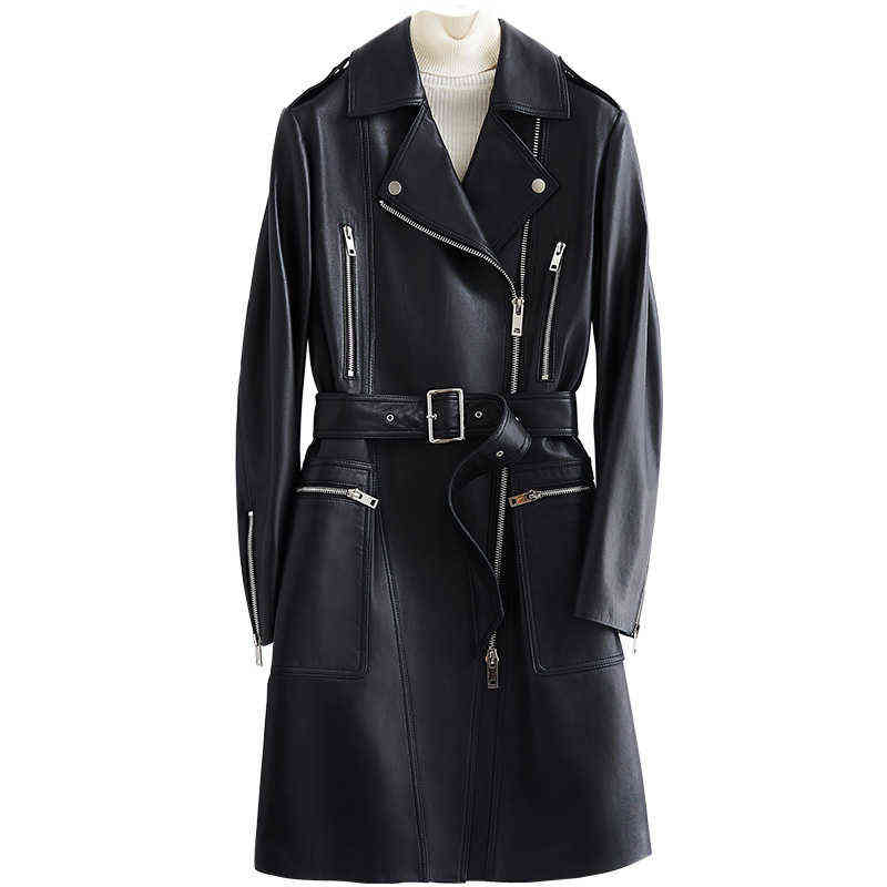 Lautaro Autumn Black Long Faux Leather Jacket Women with Many Pockets Zipper Belt Lapel Spring Leather Trench Coat for Women 211130