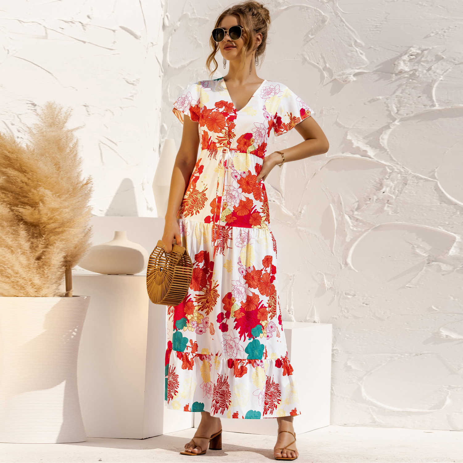 Boho Summer Dress Ladies V-neck Floral Print Button Lace Up Maxi Dresses For Women Sexy Short Sleeve Ruffles Party Robe 210526