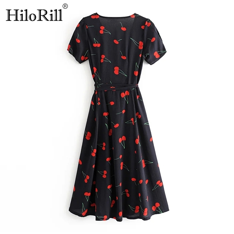 Vintage Cherry Print Midi Dress Women Sexy Deep V Neck High Split Wrap Summer Short Sleeve Boho Casual es 210508
