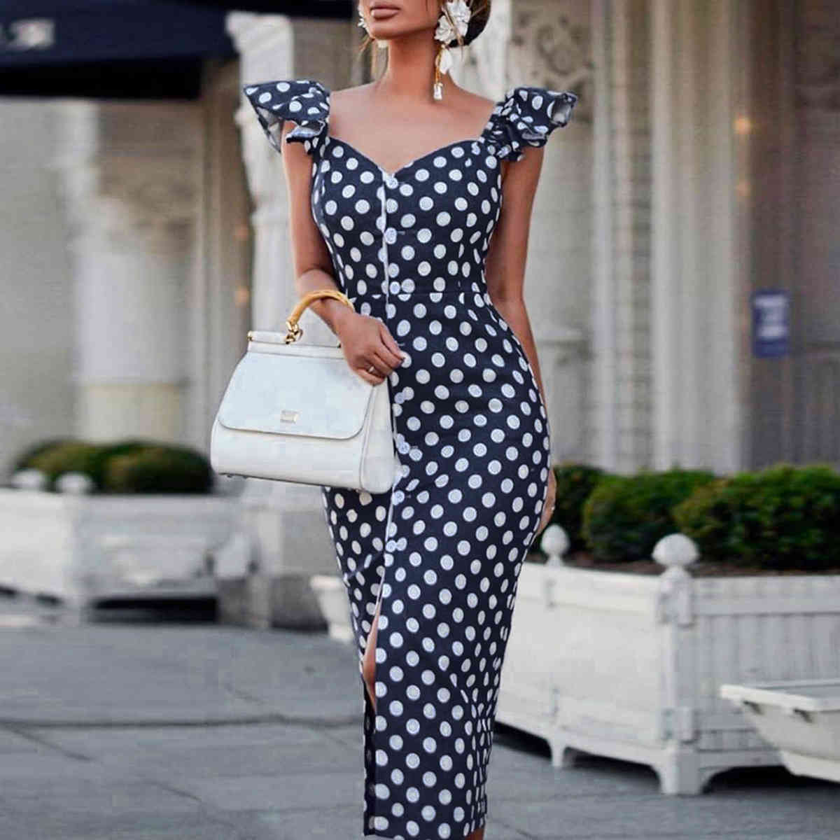 Women Dress Ruffles V-Neck Dot Dresses Split Plus Size Long Summer Clothes Fashion 210513