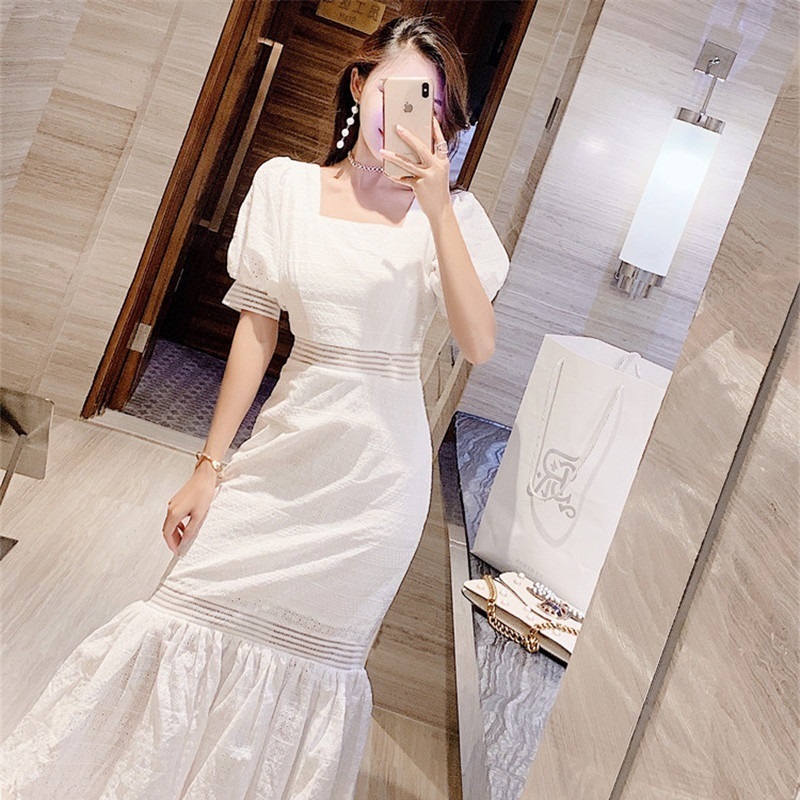 Summer Women's Square Collar Korean Dress Sexy High Waist Hollow Fishtail Dress Bag Hip Women's Fashion Party Dress Vestidos 210515