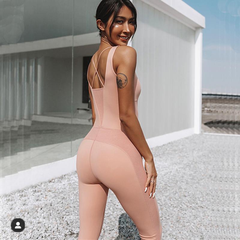 Tampon Gym Vêtements Femmes Tracksuit One Piece Body BodySuit Jumpsuit Sexy Slim Stitching Yoga Ensemble d'entraînement SportSwear Outfit