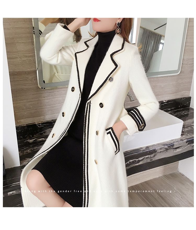 Womens Winter Wool Imitation Mink Veet Jacket, Ivory White Loose Mid-Length Thickening Coat, Double Breasted V-Neck Long Sleeve B3