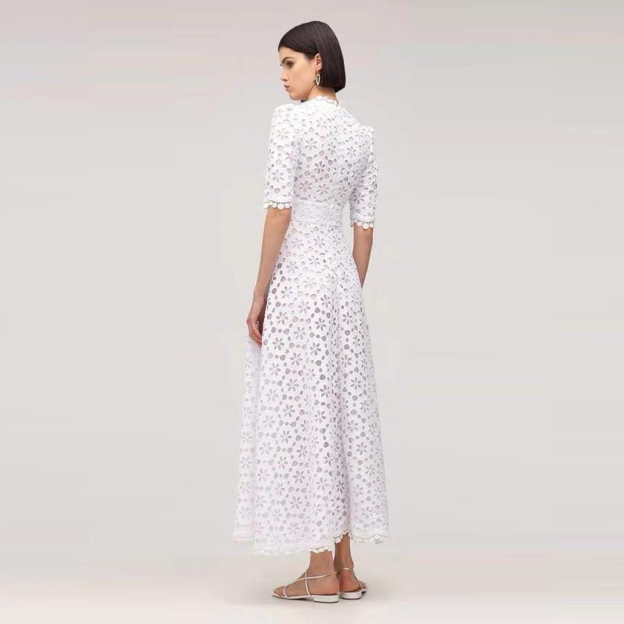 Elegant White Maxi Dress For Women V Neck Half Sleeve High Quality Hollow Out Slim Dresses Style Fashion CHIC 210421