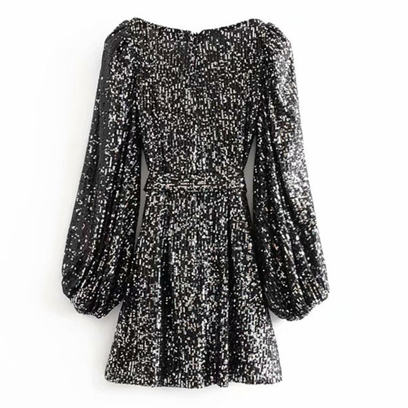 Women Sequin Mini Dress Fashion Square Collar Vintage Lady Party Elegant Female Lantern Long Sleeve Short es Vestido 210515