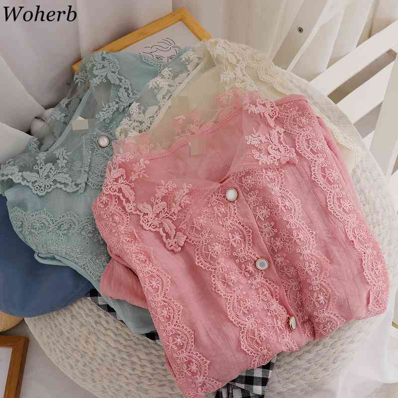 Lace Chiffon Blouse Summer Short Sleeve Women Solid Shirt Elegant Sweet Office Lady Blusas Woman Puff Tops 210519
