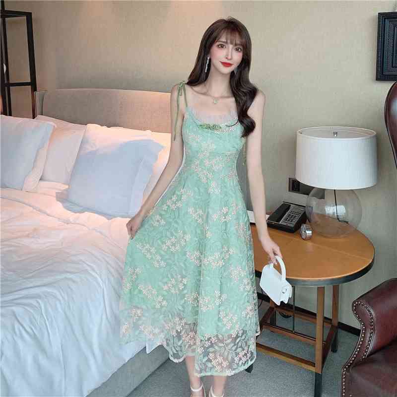 Women's Suspender Floral Dress Summer Korean Fashion Lace Collar Temperament Female Vestidos Chiffon Dresses 210515