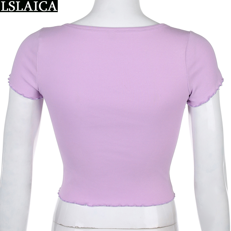 Solid color round neck slim women T-shirt short sleeve button knitted lock edge purple clothes casual t-shirt ladies 210520