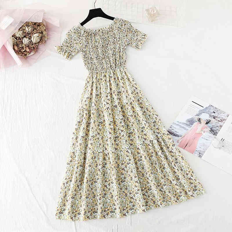 Floral Summer Dress Woman Slash Neck Off Shoulder Party Slim A-line Robe Vestidos High Waist Elegant Ruffles Midi Dress 210521