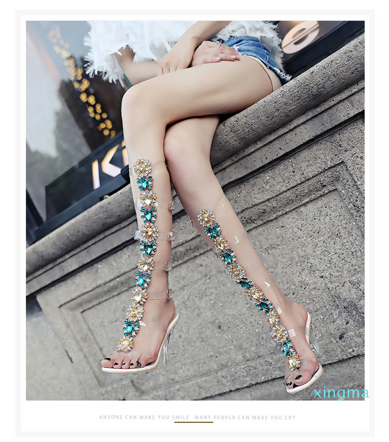 Summer Woman Sandals Rhinestone Lady Knee High Sandal Boots Thin High Heels Stiletto Crystal Dress Shoes Bohemia Style