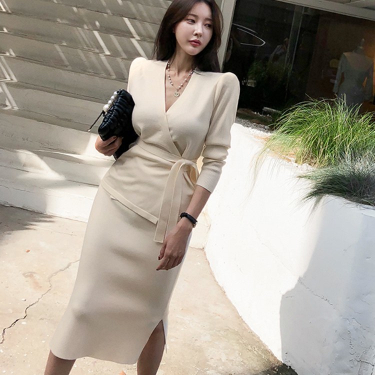 Women Knit Cardigans Skirts Sets Korea Elegant Sexy Lace UP Knitted Sweater Coats + High Waist Midi Skirt 2 Pieces Suits 210519