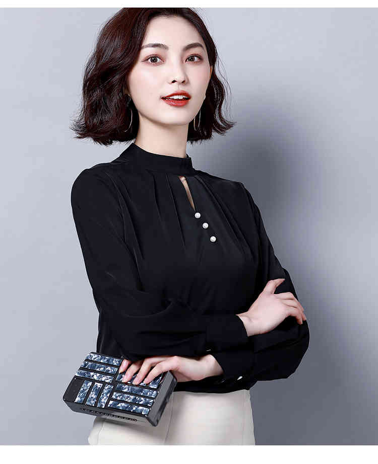 autumn women ladies tops and blouses plus size shirt long sleeve chiffon solid Office Lady top black 6013 50 210427
