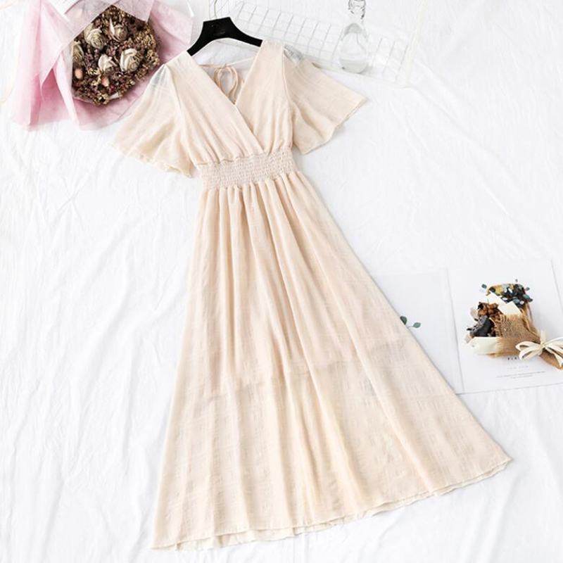 Women Chiffon Dress Summer Short Sleeve V-neck Plaid Mid-calf Dresses Elastic Waist Long Pleated Dress Party Dress 210521