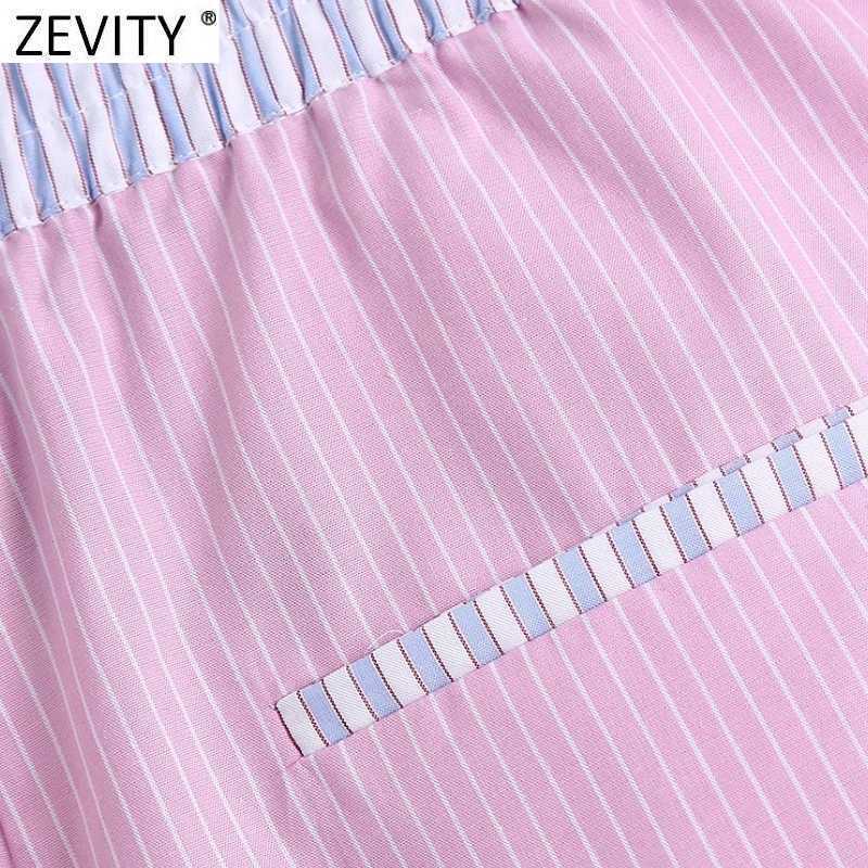 Zevity Women Fashion Patchwork Striped Print Casual Summer Shorts Ladies Chic Elastic Waist Pink Color Pantalone Cortos P1029 210603