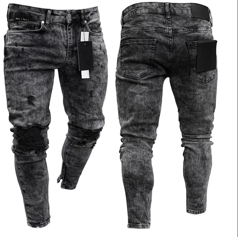 Men's Jeans Slim Fit Stretch Denim Pants Black Ripped Foot Mouths Zipper Streetwear Men Trousers Autumn Winter Clothing