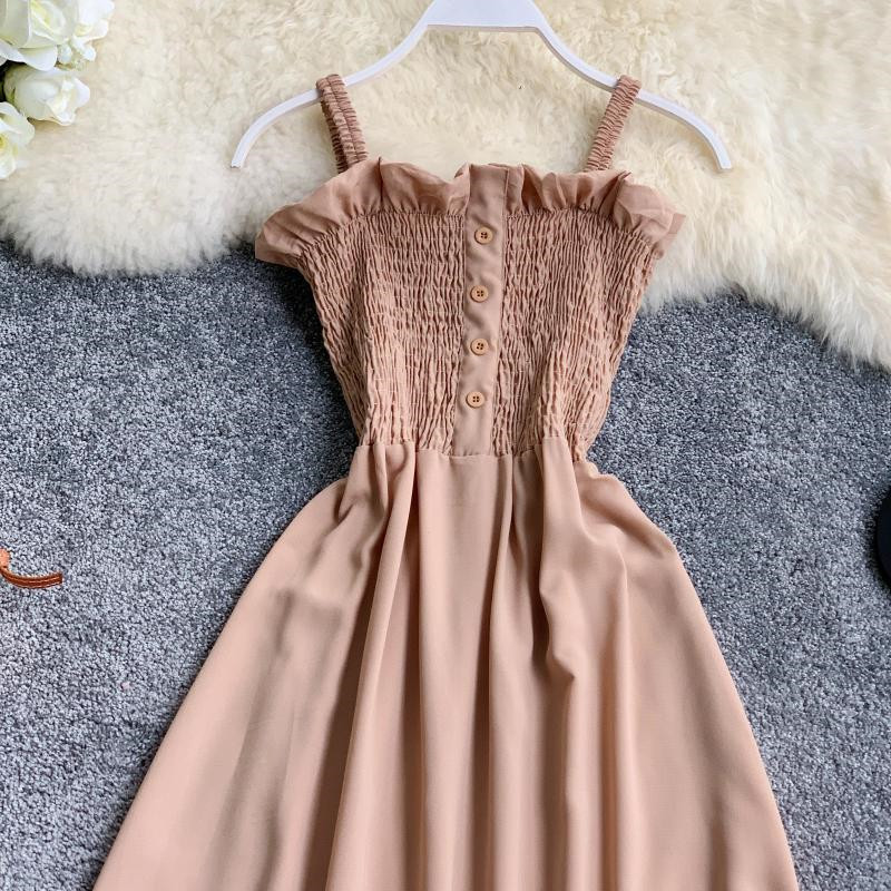 Chic Korean Solid Women Dress Sleeveless Summer A-line Chiffon Long Dresses Beach Style Button Vestidos 210521