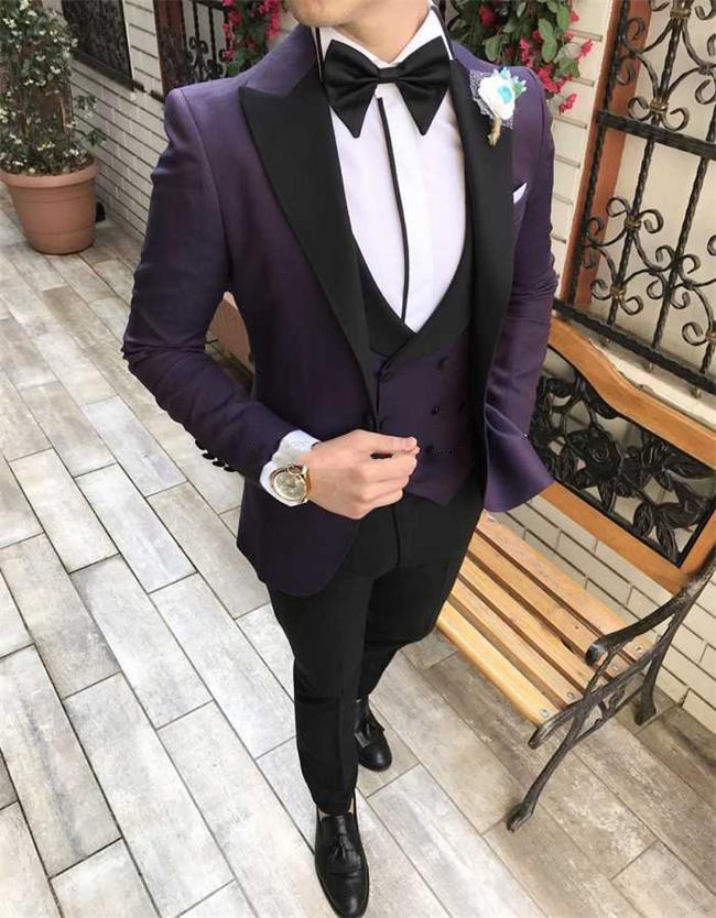 High Quality One Button Dark Purple Groom Tuxedos Peak Lapel Wedding/Prom/Dinner Groomsmen Men Suits Blazer (Jacket+Pants+Vest+Tie) W1358