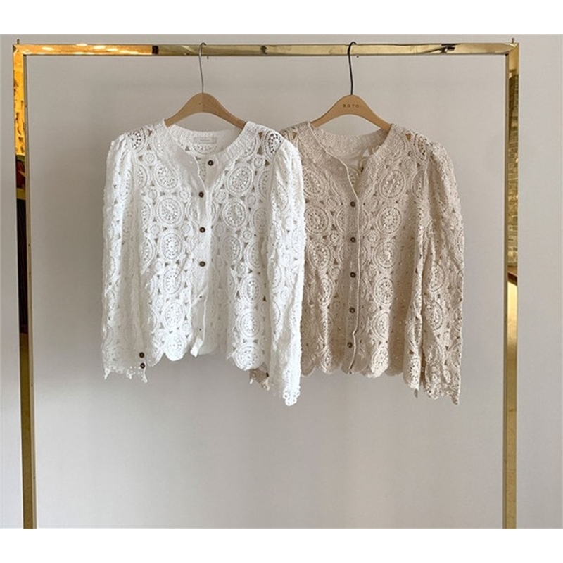 Korea Style Hollow Out Hook Flower Knitted Cardigan Summer Elegant Puff Sleeve Casual Women's Chic Top Femme 210519