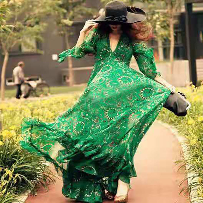 Women Dress V Neck Seven Sleeve Floral Printed Maxi es Temperament High Waist Long Vintage es Autumn 210513