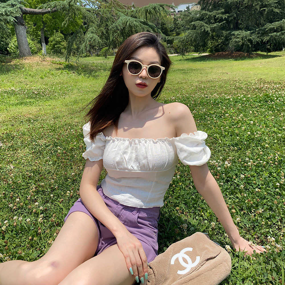 WOMENGAGA Summer White French Square Collar Puff Sleeve Short Top Women's Slim T Shirt Tees Korena 3T4Q 210603
