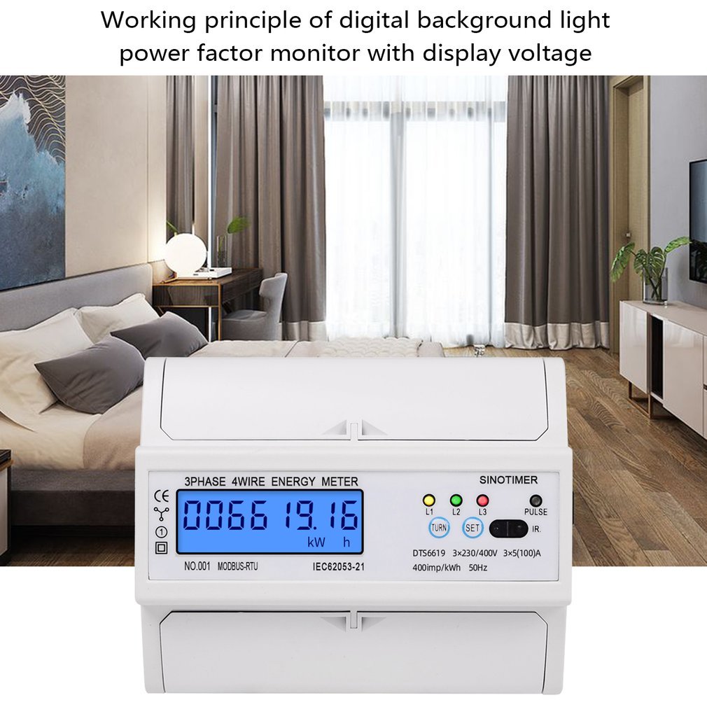 3 Phase 4 Wire RS485 Modbus 380V Din Rail Energy Meter Digital Backlight Power Factor Monitors with voltage current display
