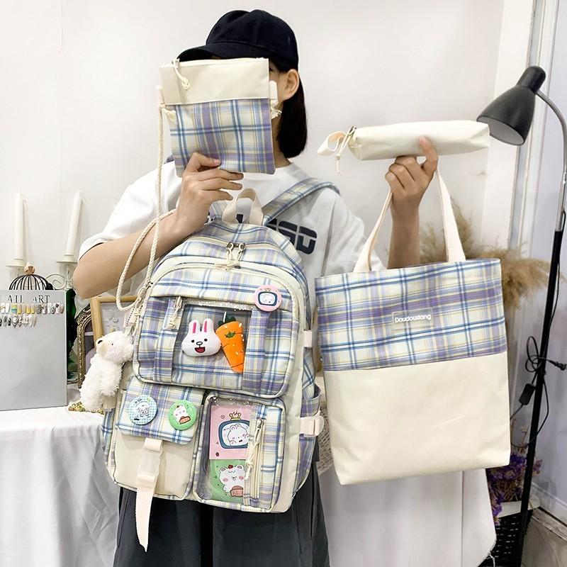 School Bags 4-piece Set Fashion Women's Backpack Cute Pendant Plaid Bag For Girls Large Capacity Nylon Backpacks With Many Pockets, Black
School Bags 4-piece Set Fashion Women's Backpack Cute Pendant Plaid Bag For Girls Large Capacity Nylon Backpacks With Many Pockets, Black