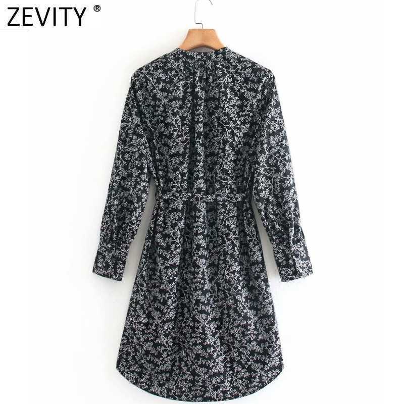 Zevity Women Fashion V Neck Digital Print Sashes Kneeth Dress Ladies Long Sleeve Chic Vestido Casual Retro Dresses DS4795 210603