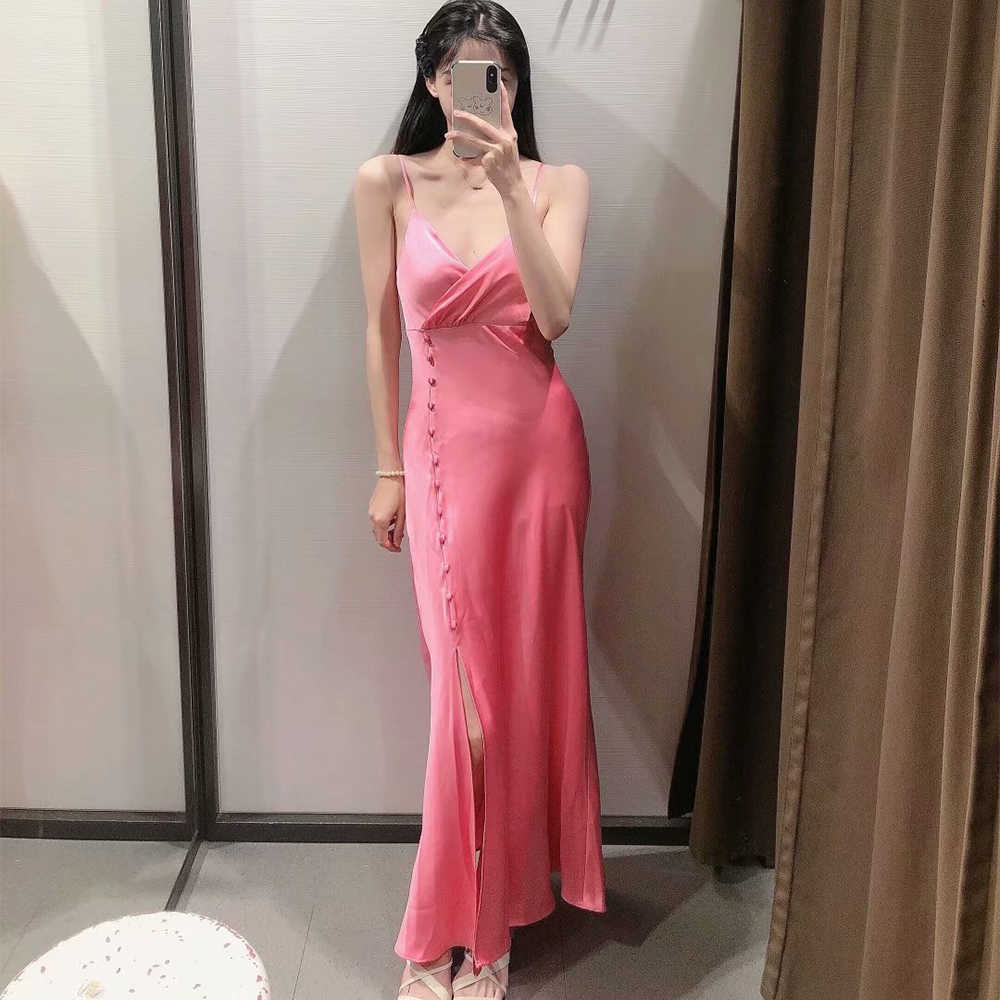 Summer Women Satin Camisole Dress V-neck elegant Casual Fashion Chic Lady Woman Long Sling slit dress 210709