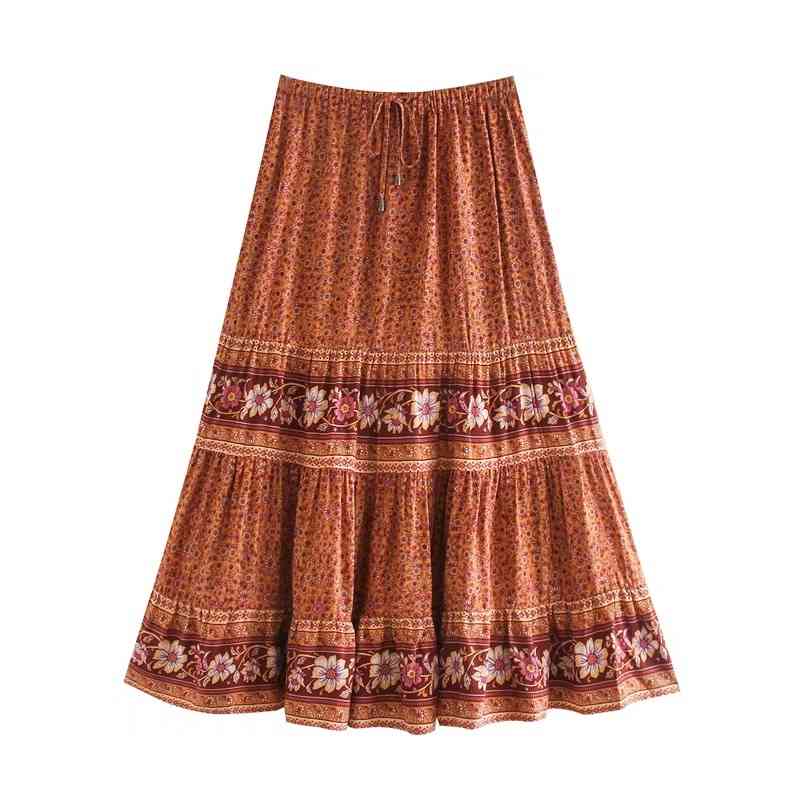 Bohemian Stream Flower Print Long Skirt Stitching Ruched Ruffle Hem Holiday Women Adjust Waist Swing Skirts Beach 210429