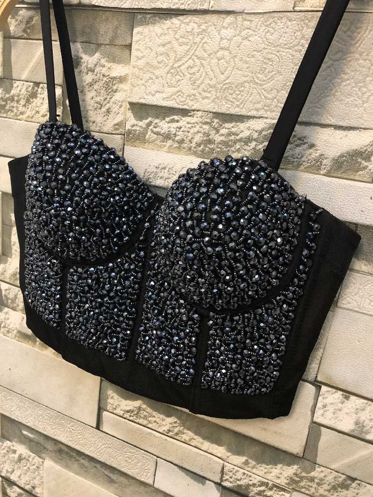 Autumn Winter Sequins Gaga Bustier Pearls Push Up Night Club Bralette Women's Bra Cropped Top Corset Plus Size D240 210527