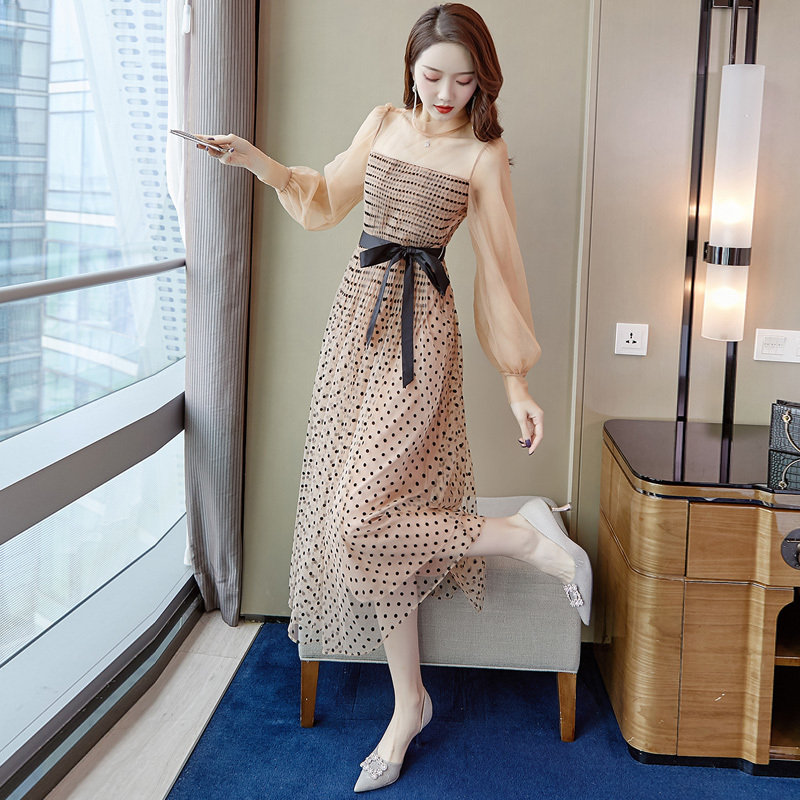 Retro Mesh Gauze Lace-up Dress Polka Dot Puff Long Sleeve High Waist Pleated es Sexy Women Party 210519