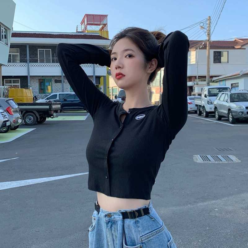 Yedinas Summer Autumn Korean Style O-neck Short Knitted Sweaters Women Thin Cardigan Fashion Sexy Long Sleeve Button Up Crop Top 210527