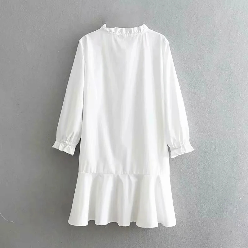 Women Ruffled Hem White Mini Shirt Dress Female O Neck Nine Quarter Sleeve Clothes Office Lady Loose Vestido D6983 210430