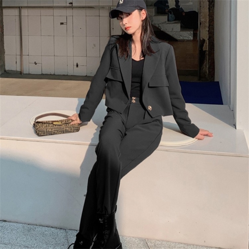 2 Piece Sets Womens Outfits Ladies Office Notched Collar Long sleeve Sexy Short Blazer Coat and High Waist Pants Suit 210519
