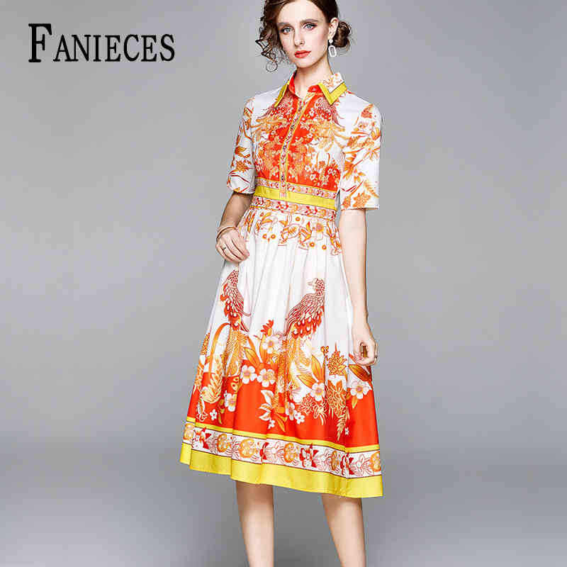 High quality dress women autumn midi long dresses runway vintage Orange print turn-down collar short sleeve casual vestidos 210520 
High quality dress women autumn midi long dresses runway vintage Orange print turn-down collar short sleeve casual vestidos 210520