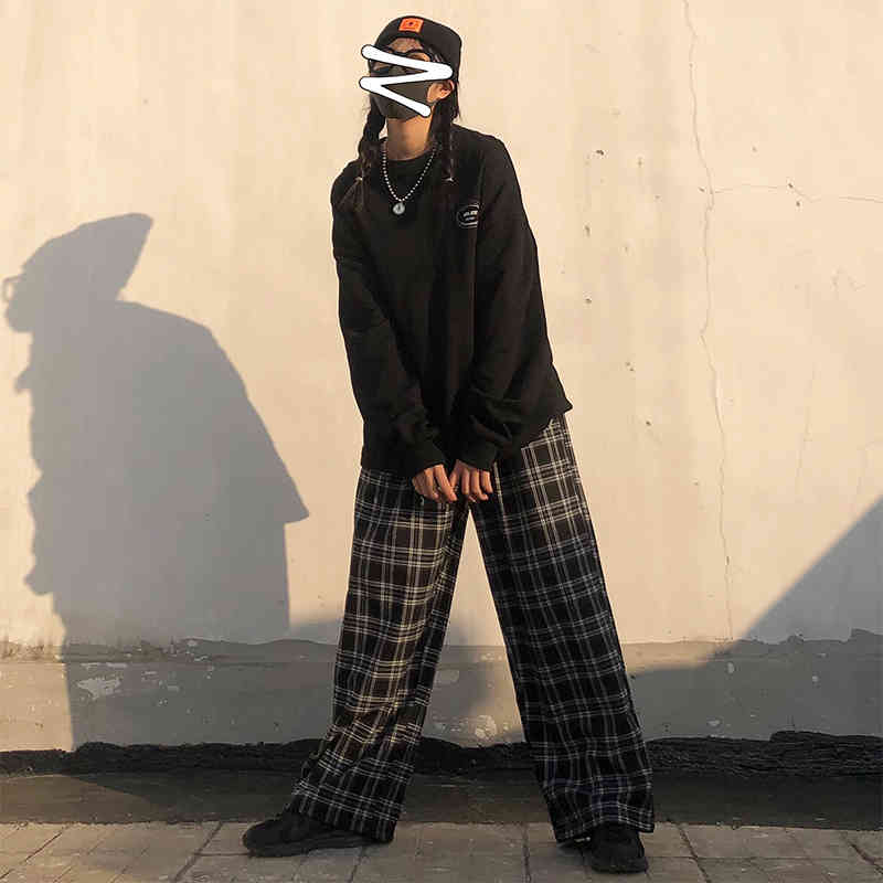 IEFB /Korea Trend Men And Women Clothes spring Fashion All-match Casual Pants Loose Plaid Wide Leg Pants Trousers 9Y357 210524