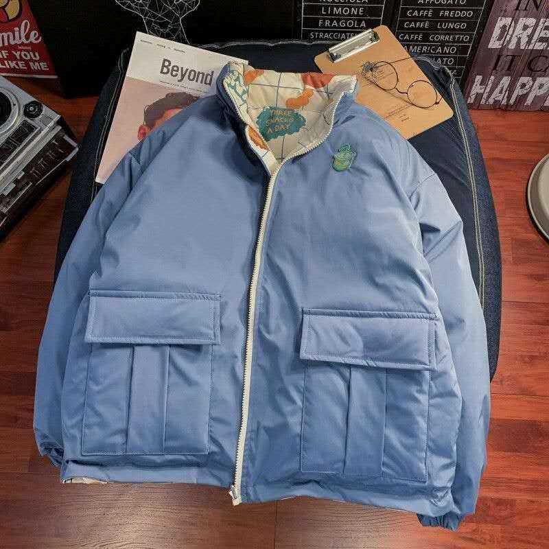 Woherb Reversible Parka Women Harajuku Winter Jackets Cartoon Print Padded Coat Vintage Loose Wadded Jacket Mujer Chaqueta 211007wtt