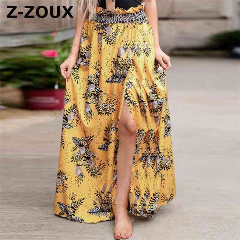 Women Skirt Fashion Print Long Summer s High Waisted Split Sexy s All Match Maxi Plus Size Spring 210513