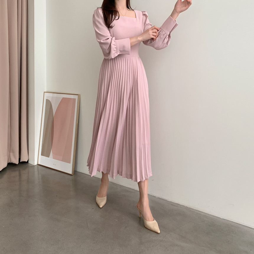 Autumn Women Korea Chic Pleated Dress Women's Long Sleeve Casual Solid Temperament Lady Dresses Vestidos 210506