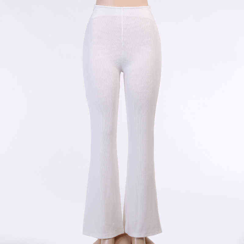 Elegant Cotton Knitted Flared Pants Women Sexy White Black Hollow Out High Waist Long Trousers Ladies Casual Pantalon Hiver 211115