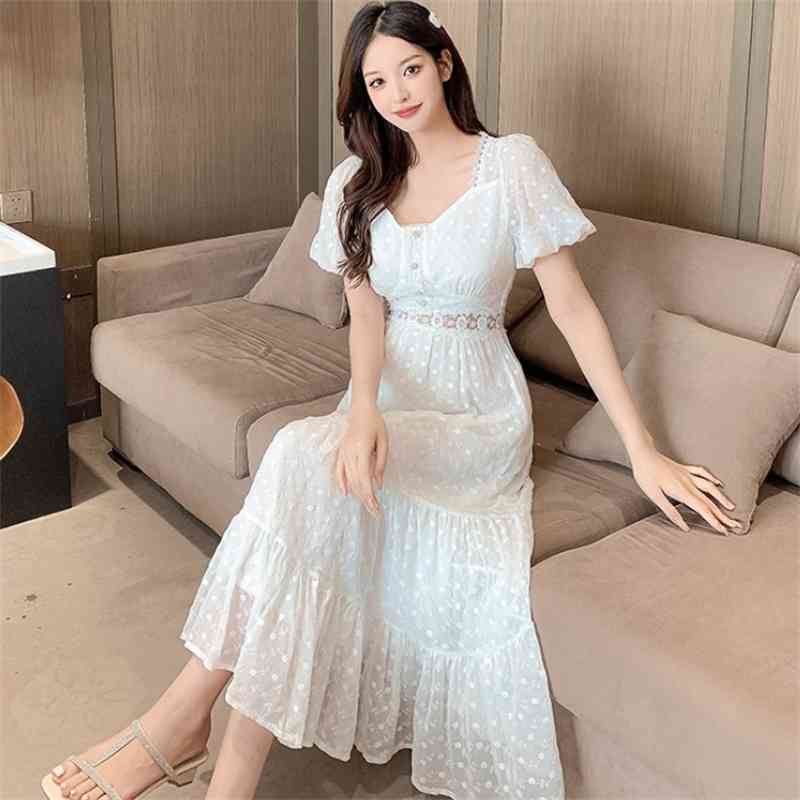 Elegant Fashion Women Dresses French Summer Sweet Lace Splicing Chiffon Embroidery Slim Waist Casual Long Dress Female 210519