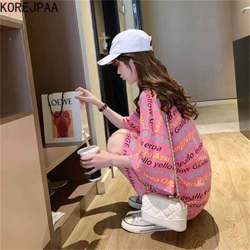 Korejpaa Women T-shirt Short Sleeve Fashion Summer Harajuku Letter Korean Loose Casual Medium Length Top Tee Shirt 210526