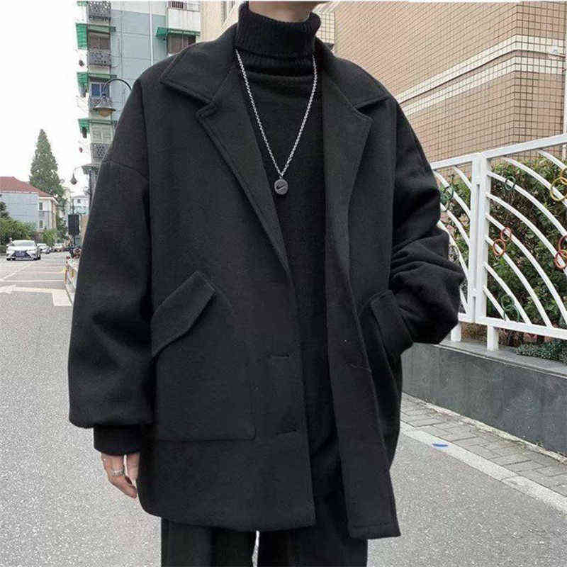 Woolen Coat Men Autumn Winter Korean Fashion Turn-down Coats Thicken Windbreaker Solid Single-breasted Outerwear Male 211122