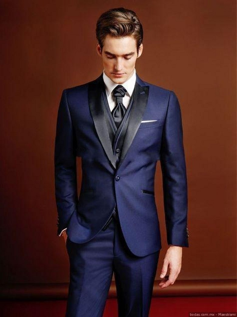 Latest Design One Button Navy Blue Groom Tuxedos Peak Lapel Wedding Men Suits Three Pieces Business (Jacket+Pants+Vest+Tie) W1312