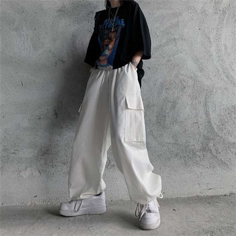 QWEEK Harajuku White Cargo Pants Women Vintage HIgh Waist Hip Hop Streetwear Pockets Straight Joker Black Trousers For Female 211115