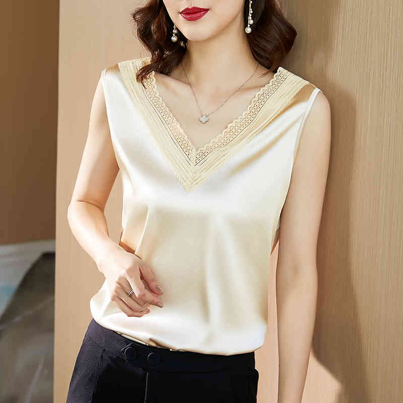 Summer Camis Women Tank Top Backless Lace Sleeveless Satin Vest Causal Solid Clothes V-neck Fashion Blusas 13696 210506