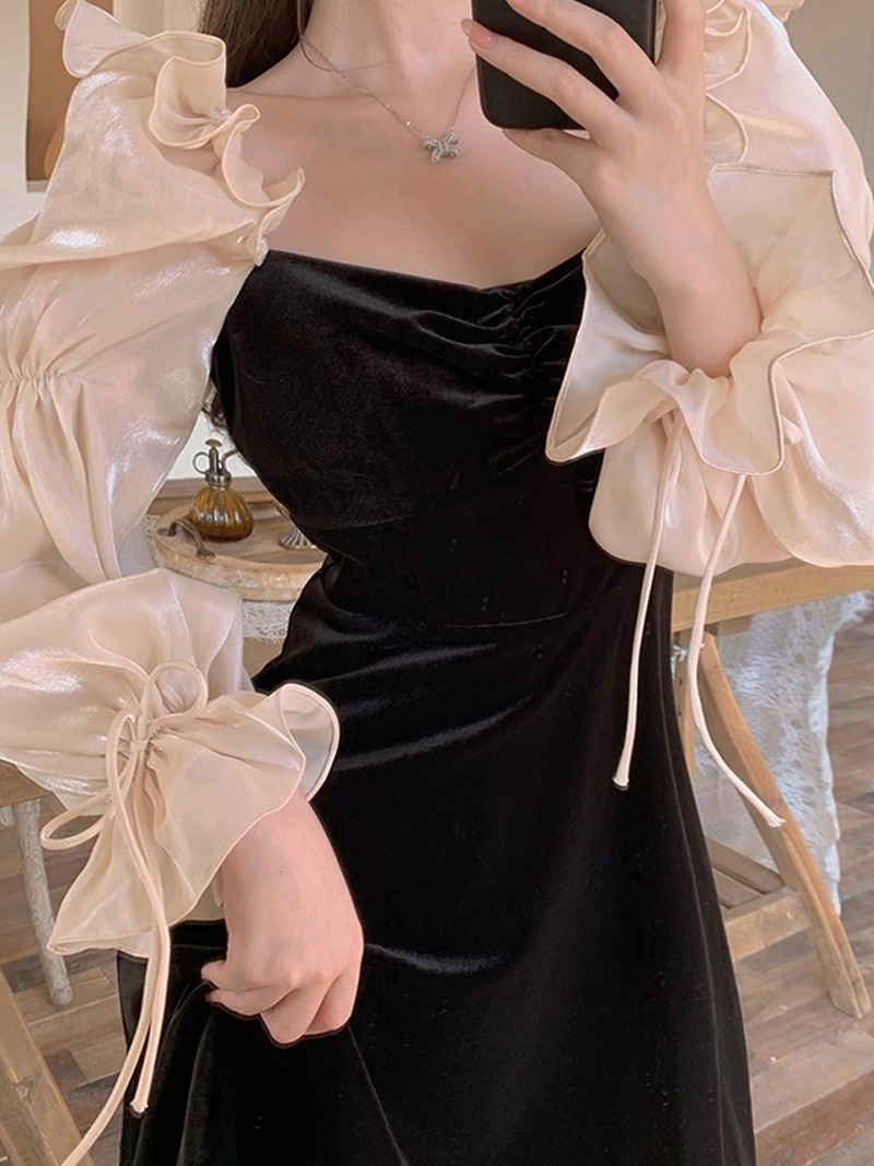 French Style Elegant Velvet Women Dress Spring Ruffles Hit Color Patchwork Vestidos Slim Waist A-line Dresses 210422