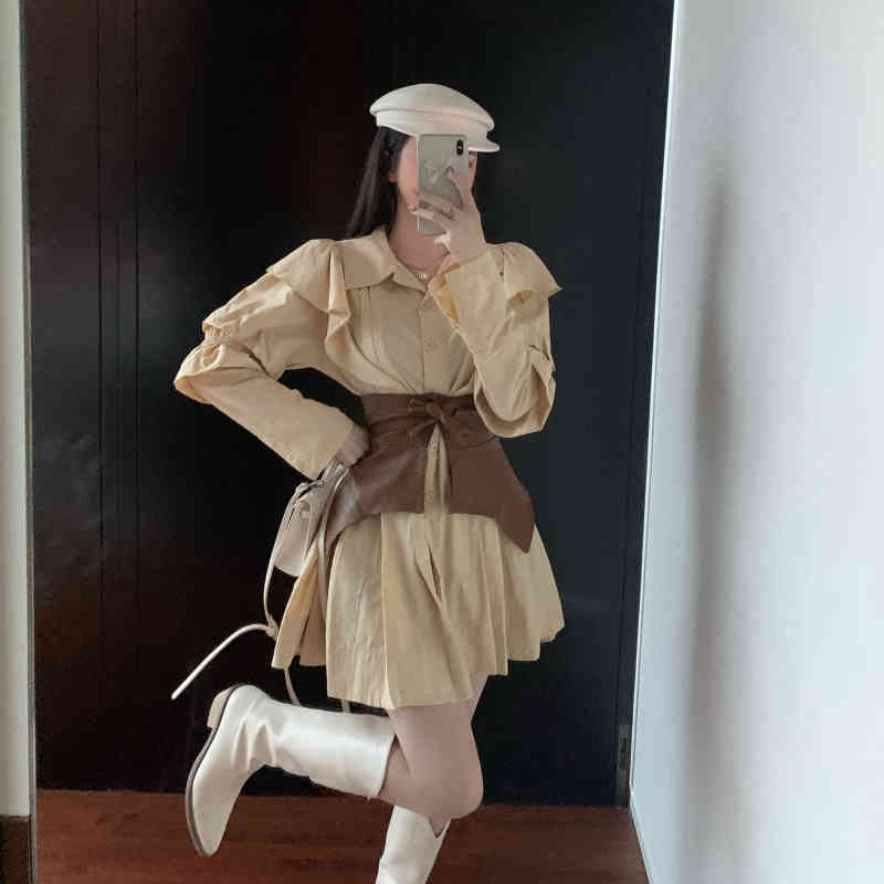 Sexy Shirt Dress Women Ruffle Long Sleeve Dresses Lady Korean Chic Vestidos with Belt High Street Fashin Robe 210519